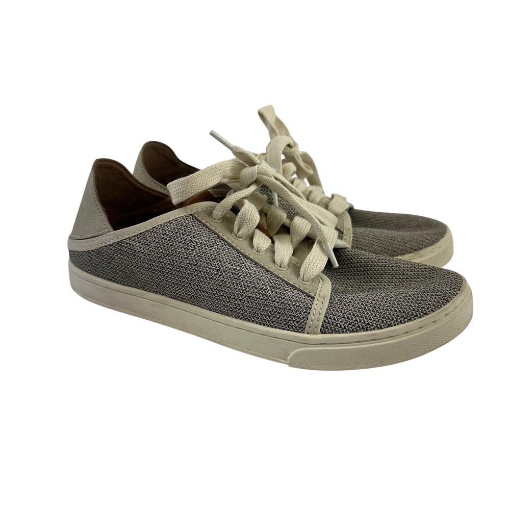OluKai Pehuea Li Sneaker Lightweight Tapa Gray Knit Lace Up Drop Heel Womens 7.5